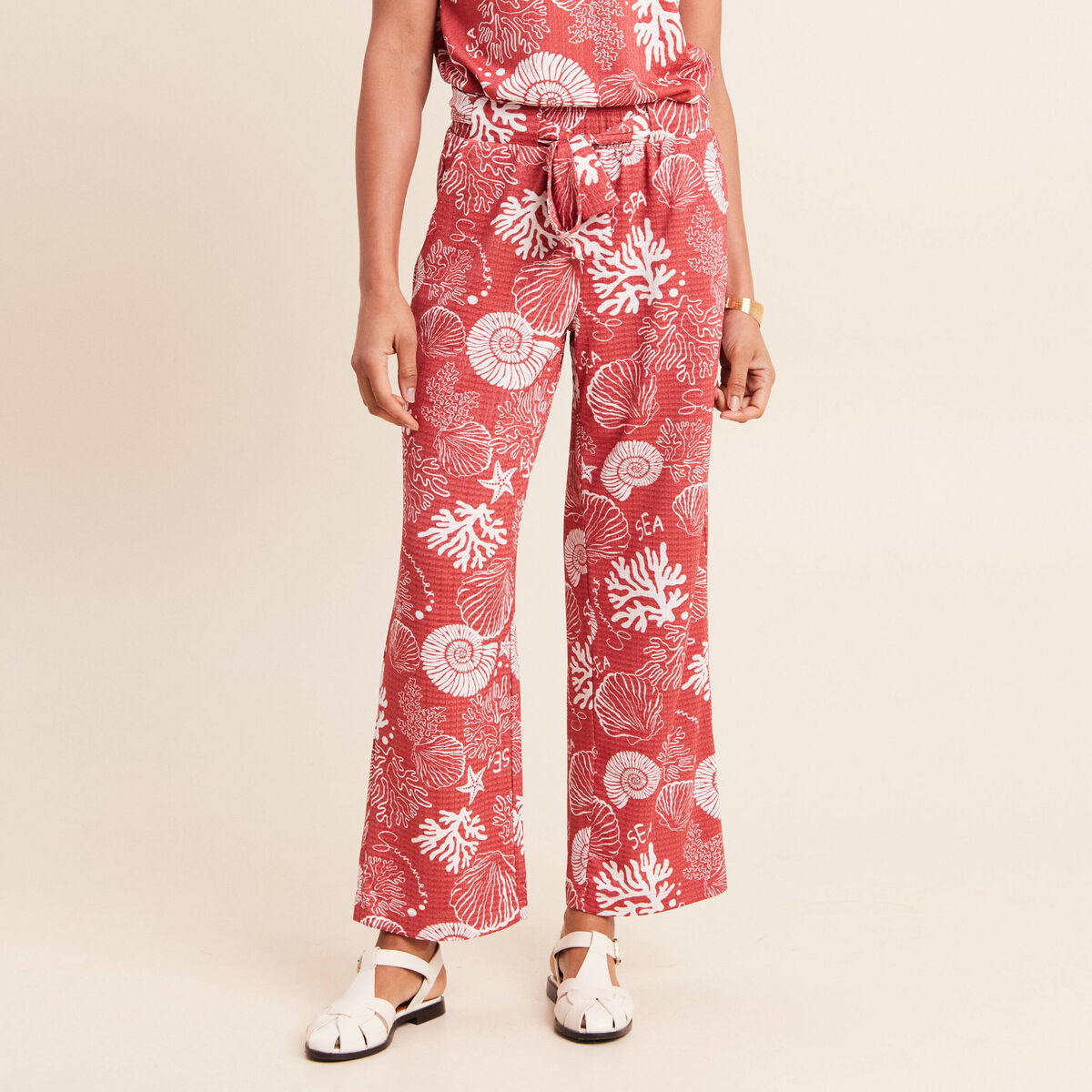 Pantalon coupe large 7/8&egrave;me taille haute orange femme