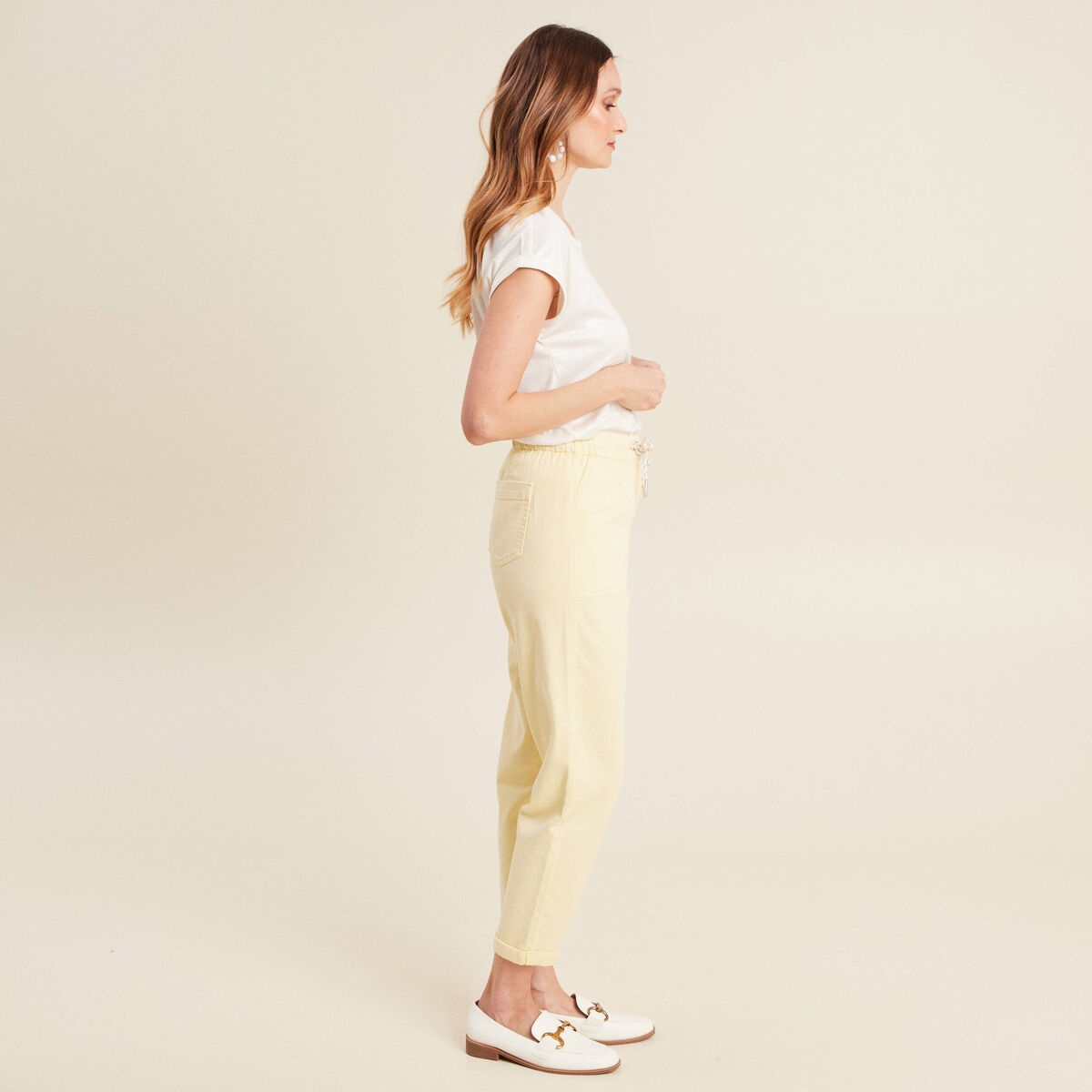 Jean large à coulisse jaune clair femme