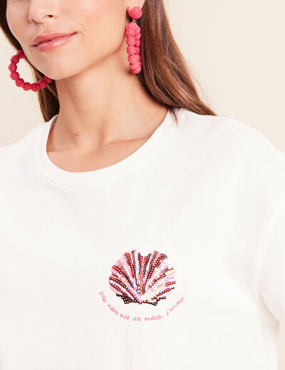 T-shirt col rond manches courtes sequins ecru femme