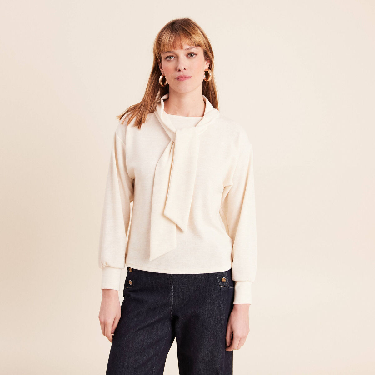 Pull col ch&acirc;le manches longues ecru femme