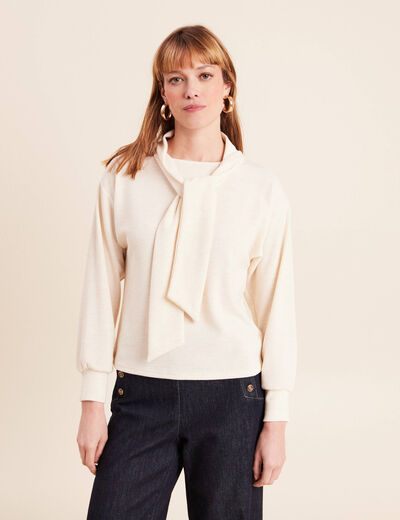 Pull col ch&acirc;le manches longues ecru femme