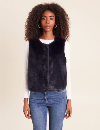 Gilet droit sans manches fausse fourrure bleu fonc&eacute; femme