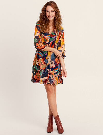 Robe évasée col tunisien beige femme