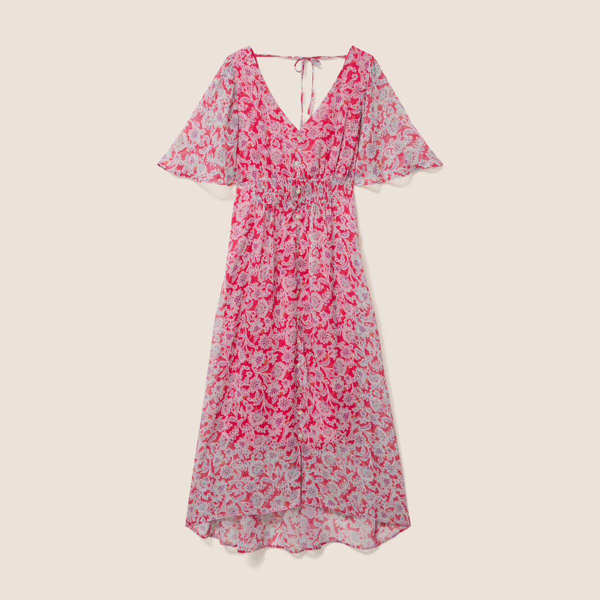 Robe longue &eacute;vas&eacute;e col v manches coudes rose femme