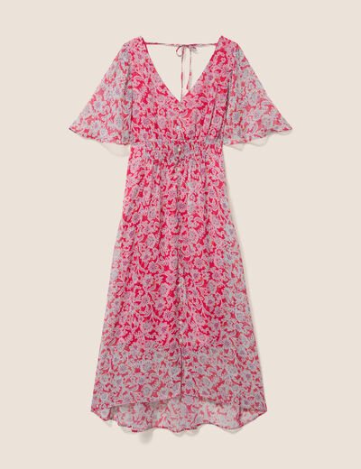 Robe longue &eacute;vas&eacute;e col v manches coudes rose femme
