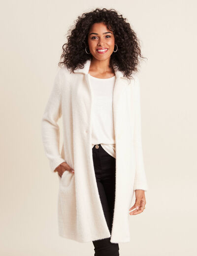 Gilet long boutonn&eacute; ecru femme