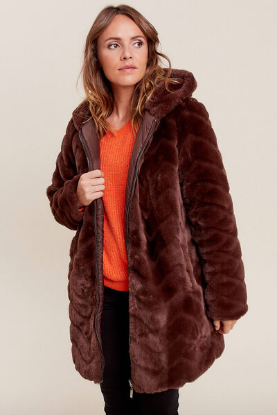 Manteau fausse fourrure réversible marron foncé femme