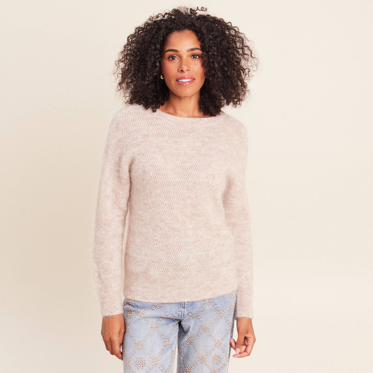 Pull droit col rond manches longues creme femme