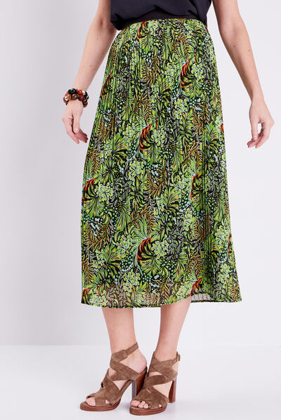 Jupe longue droite plissée vert femme