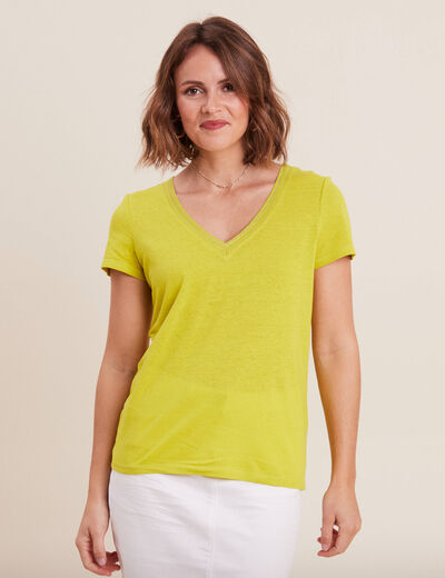 T-shirt manches courtes col en V vert anis femme