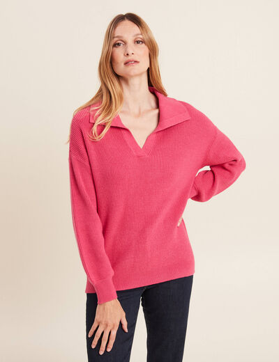 Pull manches longues col polo rose femme