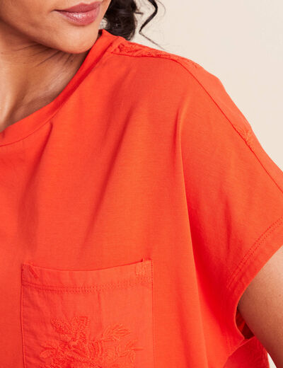 T-shirt col rond manches courtes poches orange fonc&eacute; femme