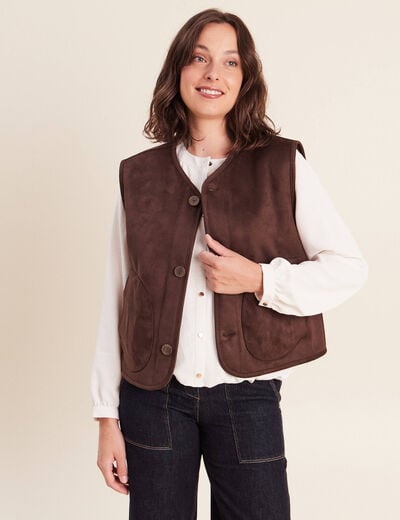 Veste r&eacute;versible duveteuse marron fonc&eacute; femme