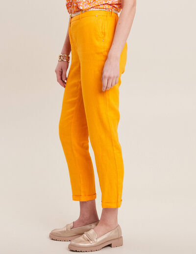 Pantalon coupe chino en lin ceintur&eacute; jaune or femme
