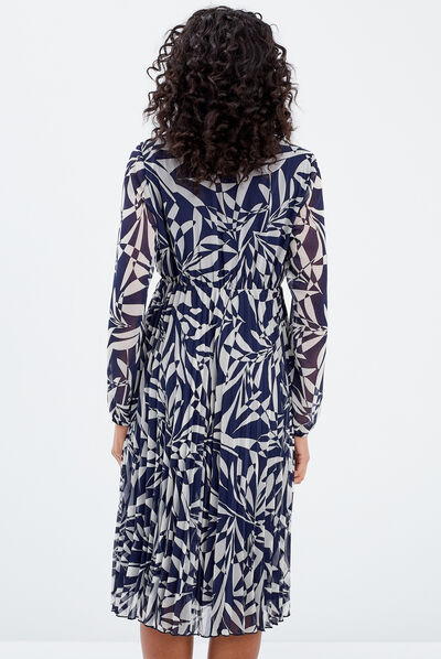 Robe droite bas plissé bleu foncé femme