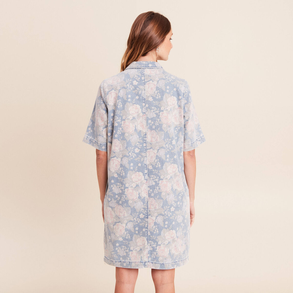 Robe droite courte en jean col chemise rose femme