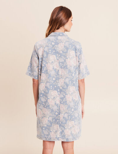 Robe droite courte en jean col chemise rose femme