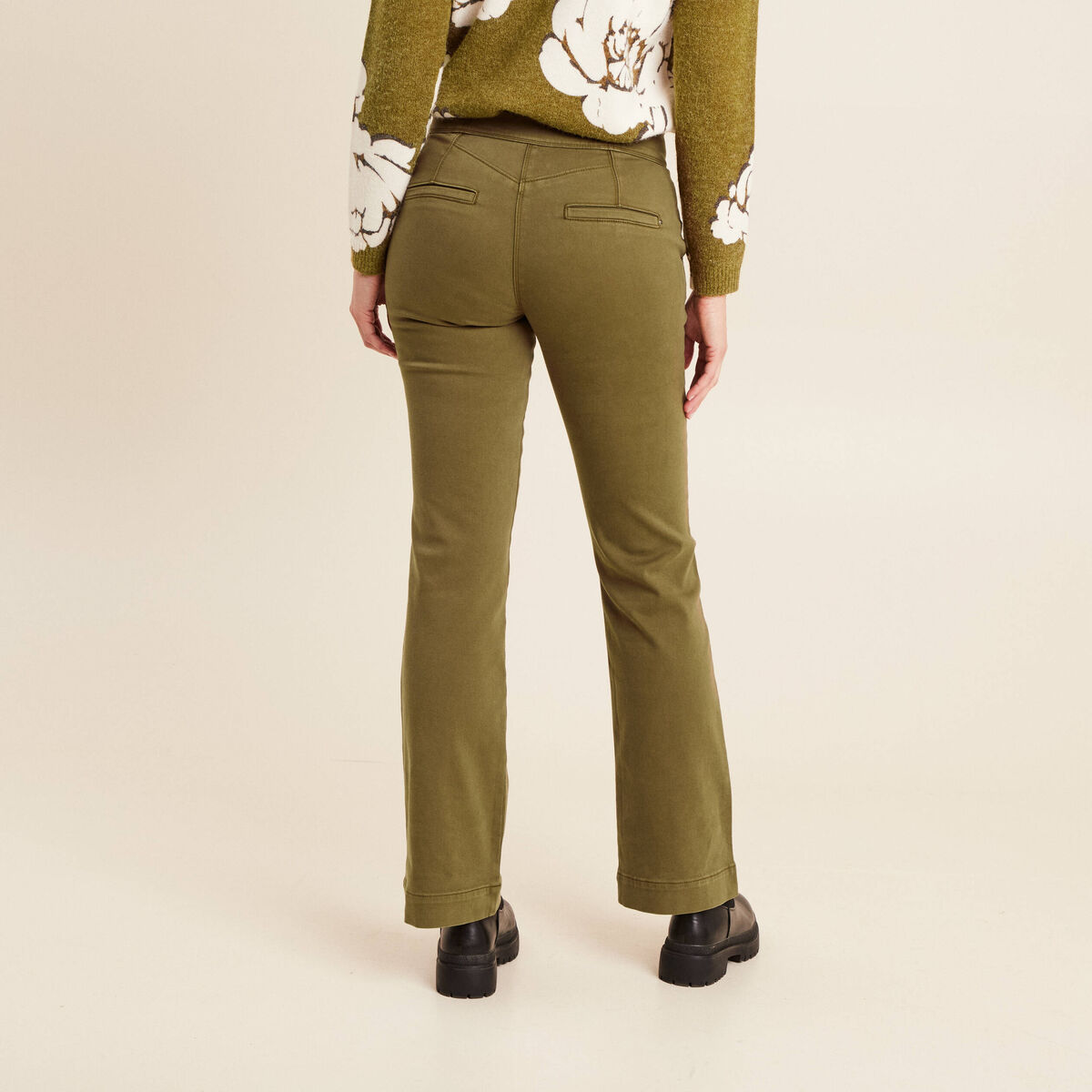 Pantalon coupe bootcut &agrave; pont vert olive femme