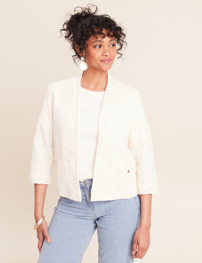 Veste brod&eacute;e bas resserr&eacute; manches 3/4 ecru femme