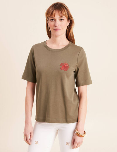 T-shirt col rond manches courtes vert kaki femme