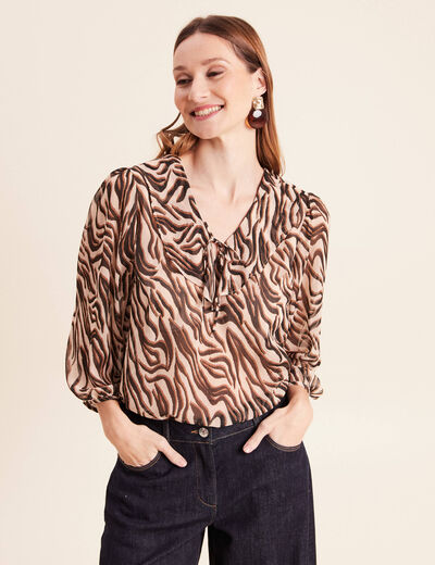 Blouse ample col v en voile manches 3/4 noir femme