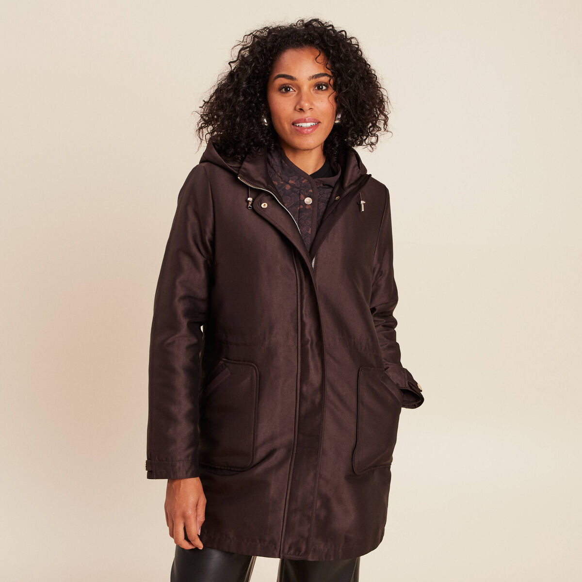 Parka cintr&eacute;e 4 en 1 avec capuche marron fonc&eacute; femme