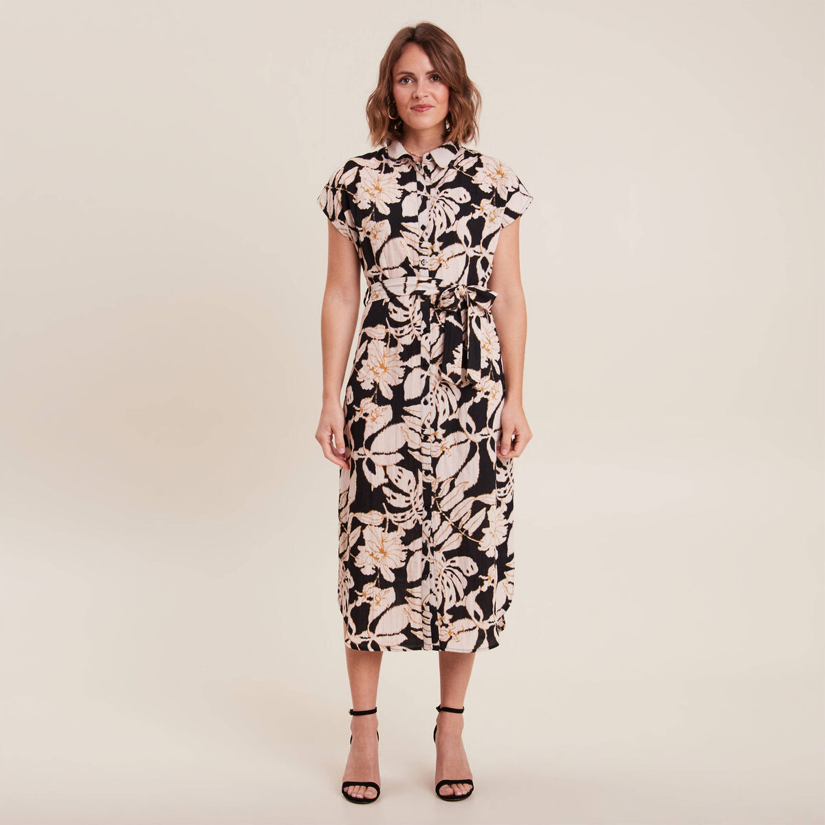 Robe midi droite ceinturée noir femme