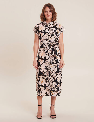 Robe midi droite ceinturée noir femme