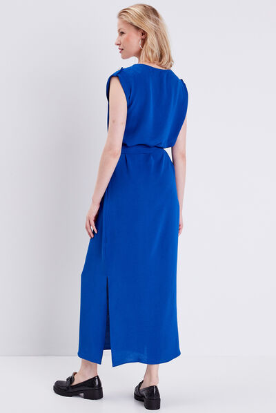 Robe longue droite ceinturée bleu electrique femme