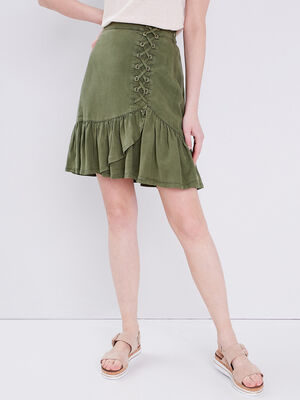 Jupe droite volantee vert kaki femme