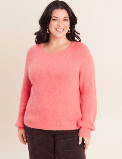 Pull col rond manches longues rose framboise femme
