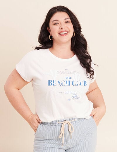 T-shirt col rond manches courtes brod&eacute; ecru femme