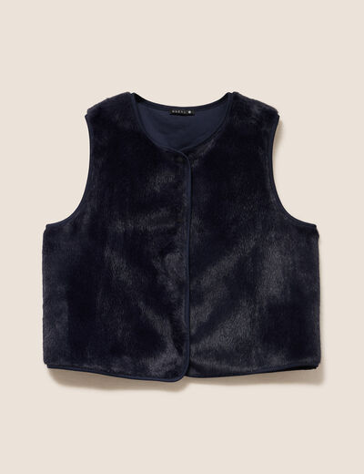Gilet droit sans manches fausse fourrure bleu fonc&eacute; femme