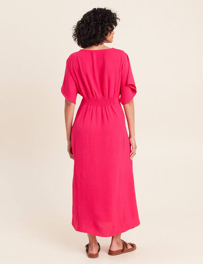 Robe longue &eacute;vas&eacute;e col v manches coudes rose fushia femme