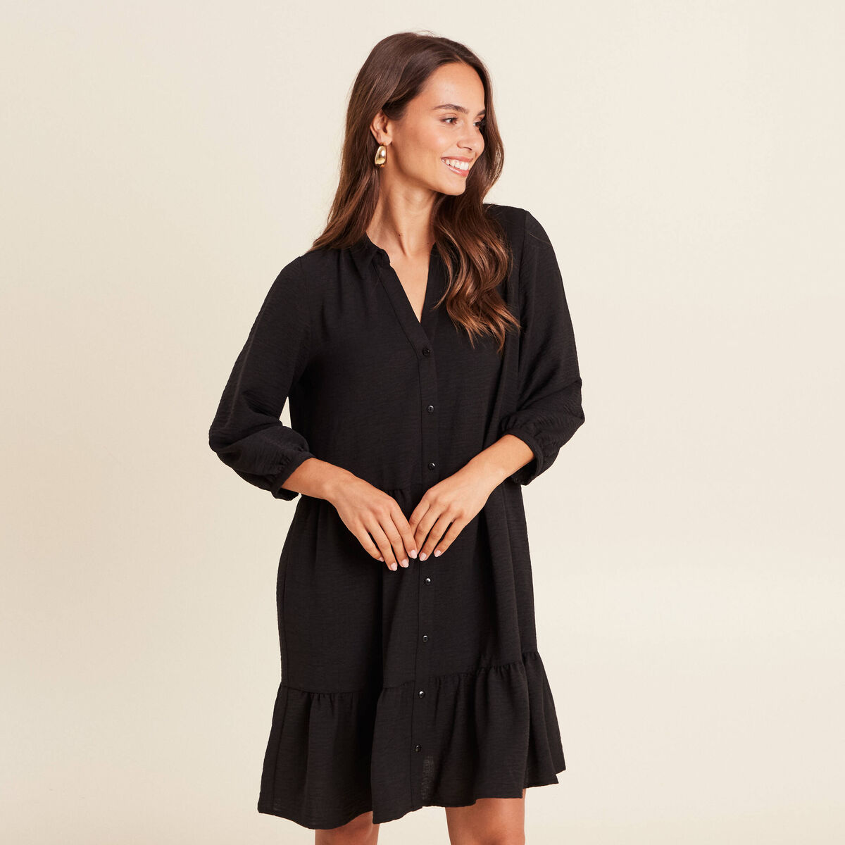 Robe courte évasée col chemise noir femme
