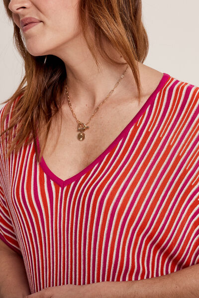 Pull manches courtes col en V rose fushia femme