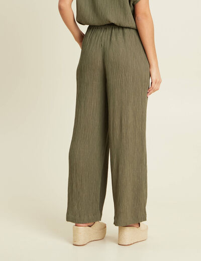 Pantalon large taille haute pliss&eacute; vert kaki femme
