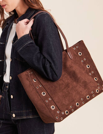 Sac cabas aspect daim doubl&eacute; marron fonc&eacute; femme