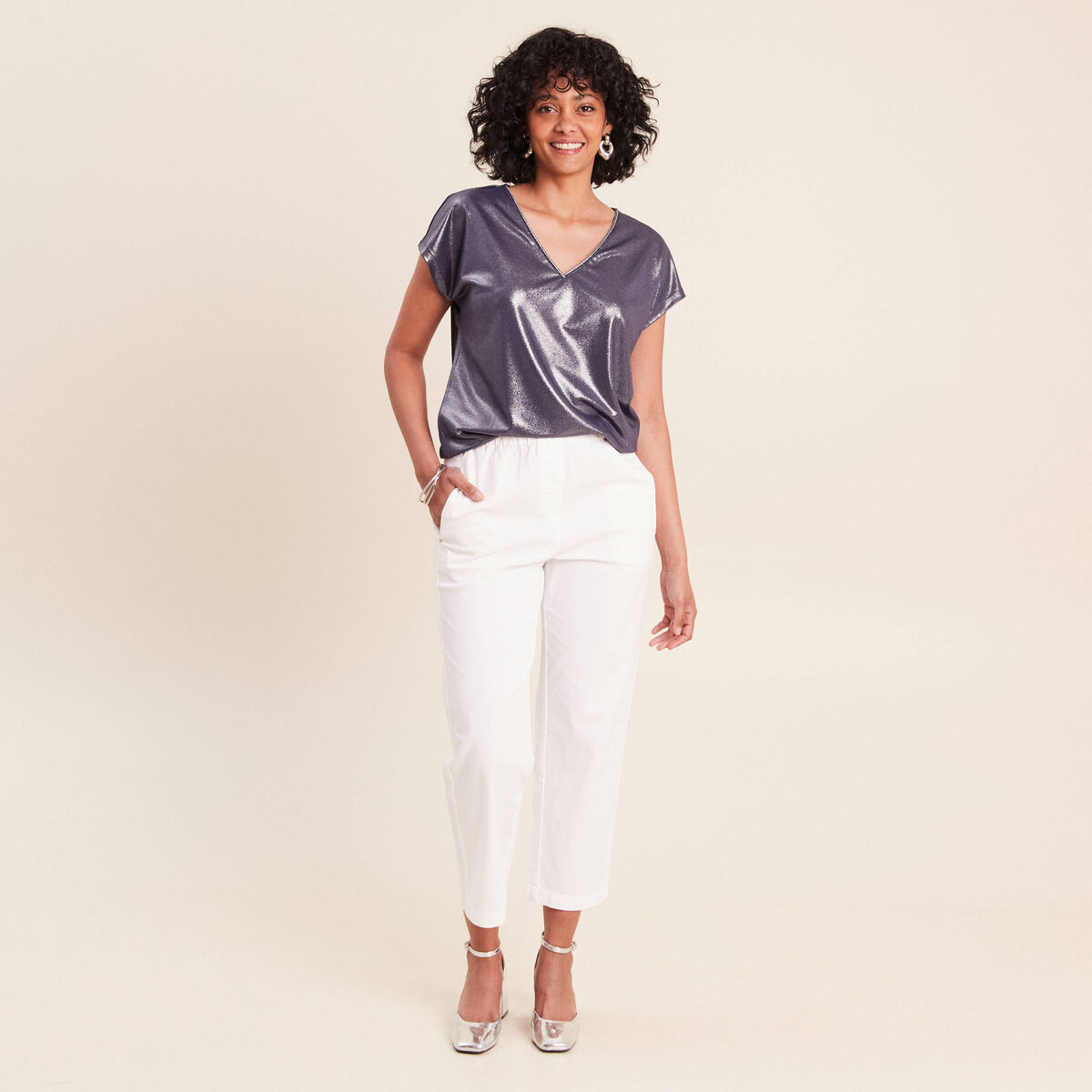 T-shirt col V manches courtes bleu marine femme