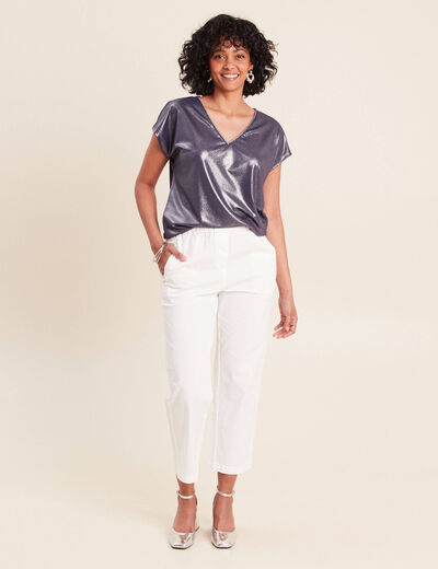 T-shirt col V manches courtes bleu marine femme
