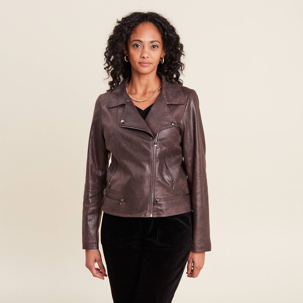 Veste esprit motard zippée marron foncé femme
