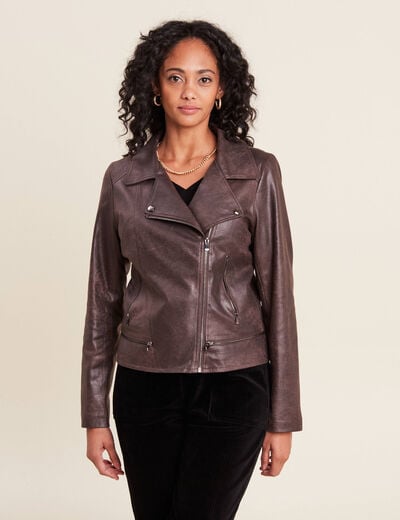 Veste esprit motard zippée marron foncé femme