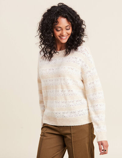 Pull manches longues ajouré beige femme