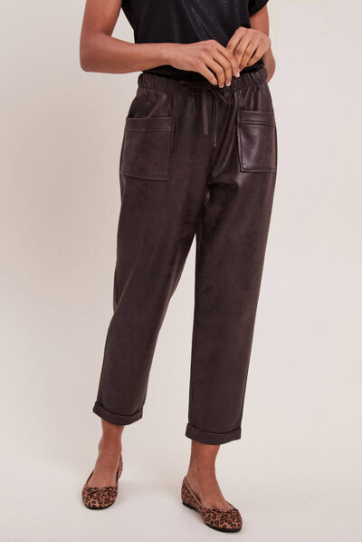 Pantalon carotte simili cuir marron foncé femme