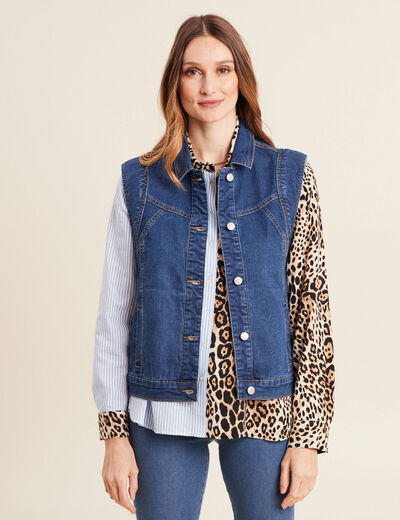 Veste droite sans manches en jean denim stone femme