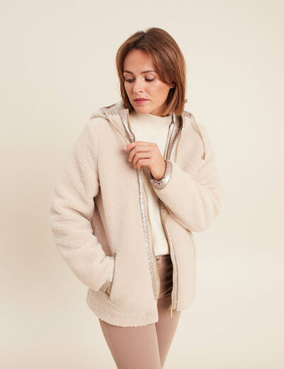 Manteau à capuche laine mouton ecru femme