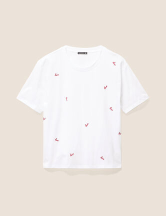 T-shirt droit brod&eacute; manches courtes ecru femme