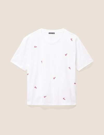 T-shirt droit brod&eacute; manches courtes ecru femme
