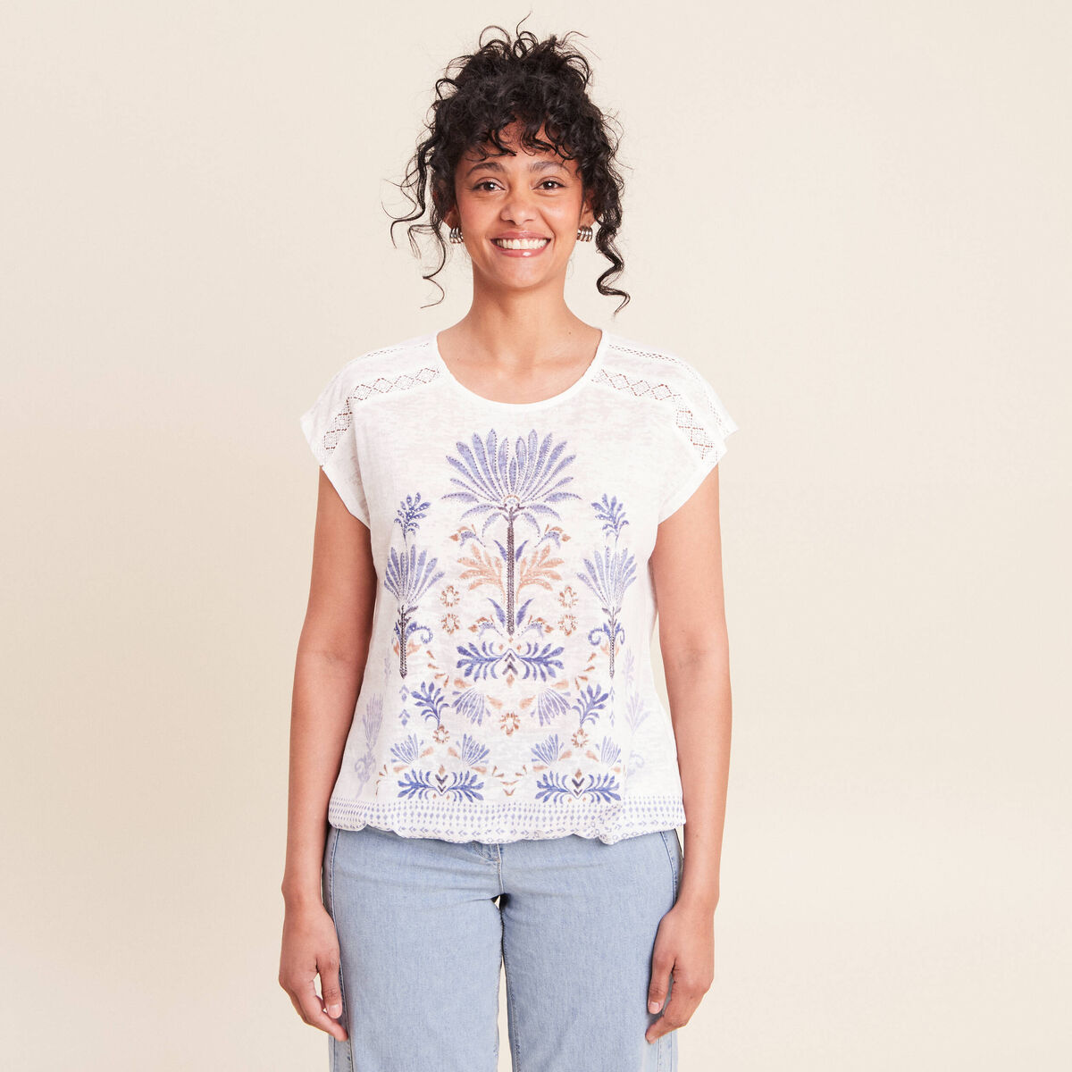 T-shirt col rond manches courtes ecru femme