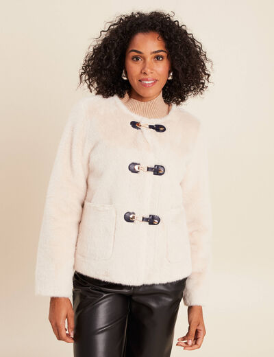 Manteau sans col en fausse fourrure ivoire femme